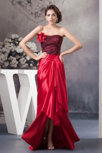 Flower and Lace Accent Red Low Price Prom Outfits with High Low