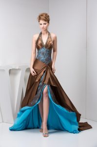Halter Beaded Brown Prom Gown Dresses with Court Train On Promotion