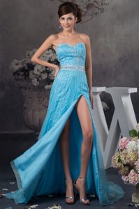 Beaded Aqua Blue Brush Train Prom Gown Dresses with High Slit On Sale