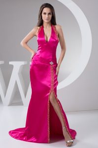 Hot Pink Halter Top Beaded Prom Celebrity Dresses with Brush Train and High Slit