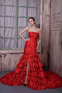 Unique Red A-line Strapless Prom Dress with Ruffled Layers on Promotion