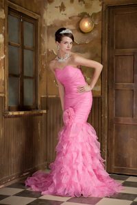 Pink Mermaid Sweetheart Prom Dress with Hand Made Flower and Ruffles on Sale