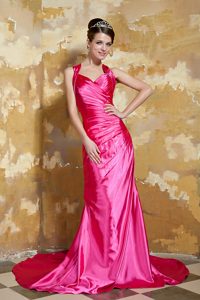 Hot Pink V-neck Beaded and Ruched Prom Dress with Court Train