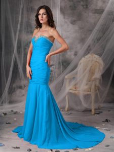 Affordable Mermaid Ruched and Beaded Cheap Evening Dresses with Court Train
