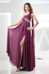 Beaded Dark Purple One Shoulder Slit Designer Evening Dress with Watteau Train
