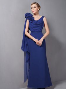 Navy Blue V-neck Chiffon Women Evening Dresses with Handmade Flower
