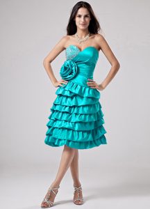 Luxurious Aqua Blue Sweetheart Ruffled Evening Gown Dresses with Flower