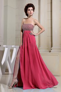 Strapless High Slit Beads Decorated Bust Evening Dress for Women in Rust Red