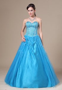 Beading Decorated Bodice A-line Sweetheart Summer Evening Dress in Aqua Blue