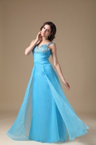 Aqua Blue Straps Organza Cheap Evening Dresses with Beads and Ruche