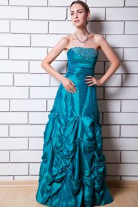 Teal A-line Strapless Long Summer Evening Dress with Pick-ups