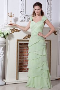 Yellow Green V-neck Straps Chiffon Evening Dresses for Women with Ruffles