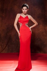 Sexy Red Spaghetti Straps Elegant Evening Dresses with Cutouts and Beading