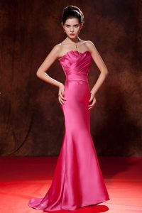 Exquisite Hot Pink Mermaid Strapless Brush Train Vintage Evening Dress