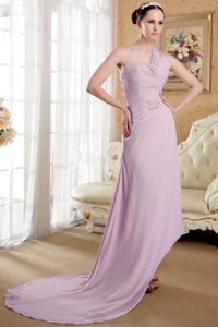 Light Pink Empire One Shoulder Brush Train Evening Dress for Women