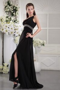 Black One Shoulder Brush Train Chiffon Evening Gown with Ruche and Beads