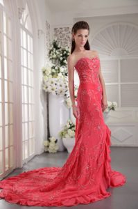 Coral Red Sweetheart Court Train Chiffon Summer Evening Dress with Appliques