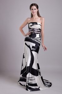 Beautiful Strapless Printed Affordable Evening Dress with Brush Train