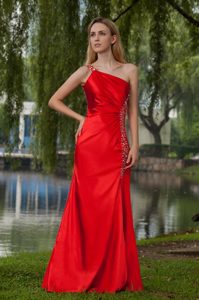 Red Empire One Shoulder Long Elegant Evening Dress with Beads