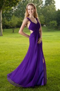 Empire Straps Chiffon and Designer Evening Dress in Purple with Cutouts