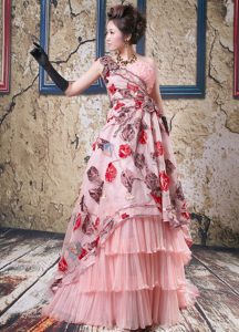 Watermelon A-line One Shoulder Beaded Summer Evening Dresses with Printing