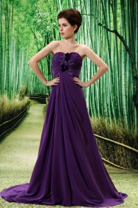 Dark Purple Sweep Train Evening Dresses For Women with Flowers and Ruches