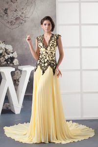 V-neck Pleated Light Yellow Chiffon Cheap Evening Dresses with Court Train
