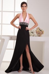 Brush Train Halter Top Pink and Black Summer Evening Dresses with High Slit