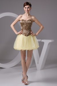 Beaded Mini-length Cocktail Evening Dress in Leopard Print and Light Yellow