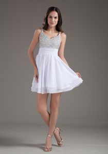 V-neck Straps Mini-length Evening Dresses for Women in White with Beadings