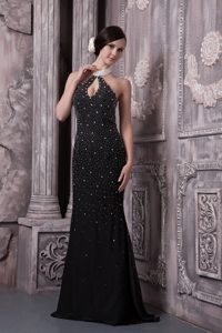 Halter-top Evening Dresses Patterns in Black with Keyhole and Beadings