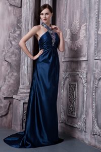2013 Halter-top Beading Plus Size Evening Dress in Navy Blue with Sweep Train
