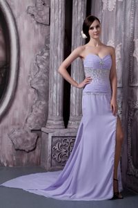 Lilac Court Train Plus Size Evening Dress with Beadings and High Slit