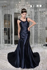 Mermaid Womens Evening Dresses with Straps and Ruches in Navy Blue