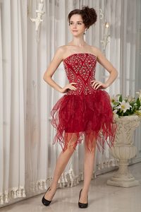 Wine Red Strapless Evening Wear Dresses with Beadings and Ruffles for 2014