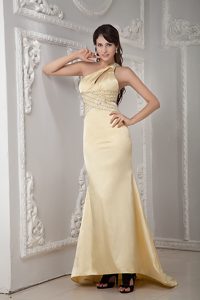 Light Yellow One Shoulder Evening Dresses with Beadings and Keyhole