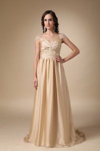 Ruching Brush Train Women Evening Dresses with Cap Sleeves in Gold