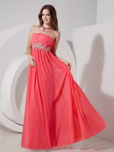 Customize Empire Strapless Beaded Prom Holiday Dresses in Watermelon Red Chiffon