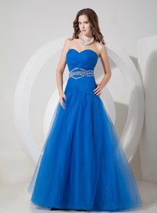 New Blue A-line Sweetheart Dress for Prom with Beading and Ruching for Less