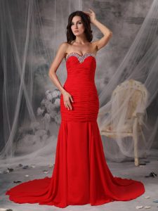 Elegant Red Mermaid Chiffon Court Train Prom Dress for Party with Ruching and Beading