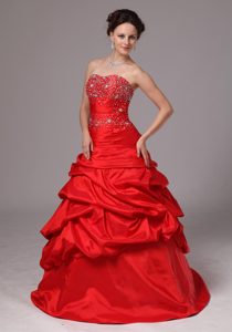 Brand New Red Beaded Strapless Long Prom Formal Dresses with Pick-ups in