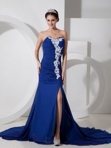 Best Peacock Blue Sweetheart Prom Party Dress with Appliques and Side Slit