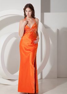 Modest Orange Halter Prom Dresses with High Side Slit in Elastic Woven Satin