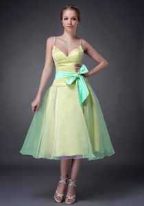 Sweet Yellow A-line Straps Prom Holiday Dress for Summer with Bowknot in Organza