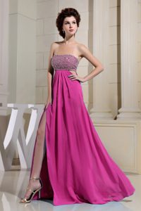Sexy Fuchsia High Slit Best Chiffon Prom Party Dress with Shining Beading and Side Outs