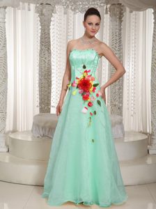 Apple Green Strapless Prom Holiday Dresses with Hand Flowers in Organza and Satin