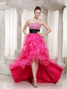Hot Pink Beaded Sweetheart High-low Prom Celebrity Dresses in Organza with Ruffles