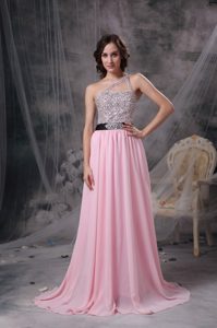 Baby Pink Empire One Shoulder Prom Holiday Dresses with Shining Beading
