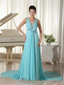 V-neck Aqua Blue Chiffon Prom Dress for Formal Party with Hand Flower and Beading