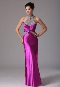 Unique Fuchsia Halter Top Beaded Long Prom Celebrity Dress for Less